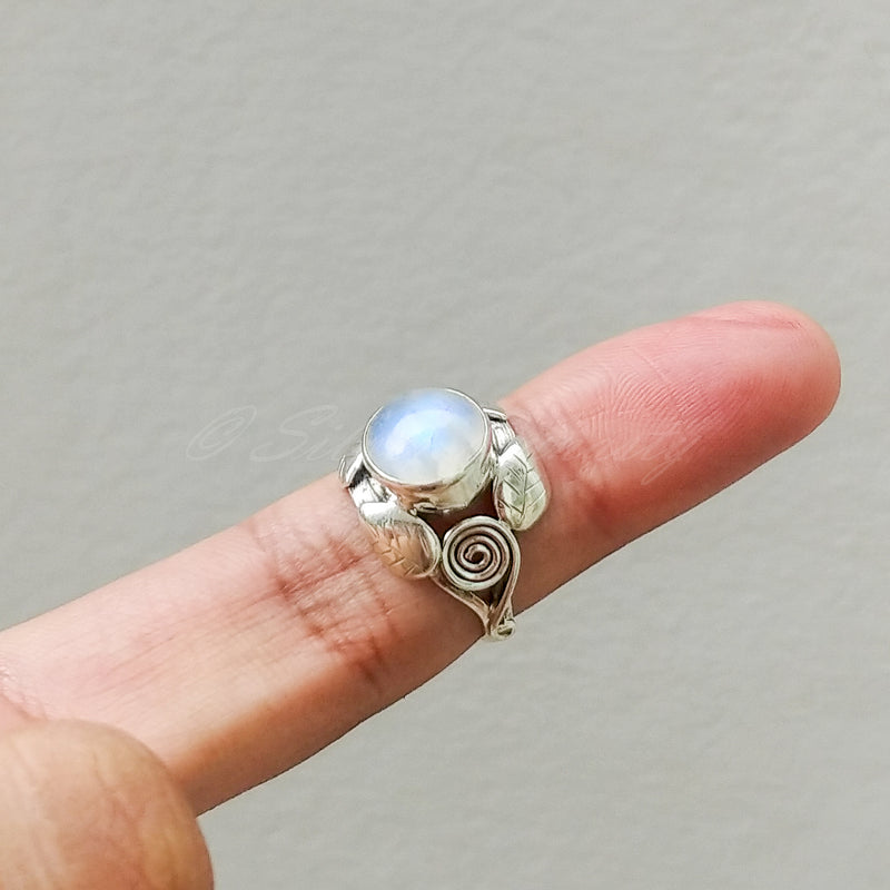 'Leaf' Rainbow Moonstone 925 Solid Sterling Silver Ring