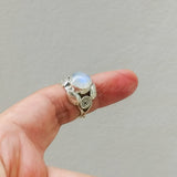 'Leaf' Rainbow Moonstone 925 Solid Sterling Silver Ring