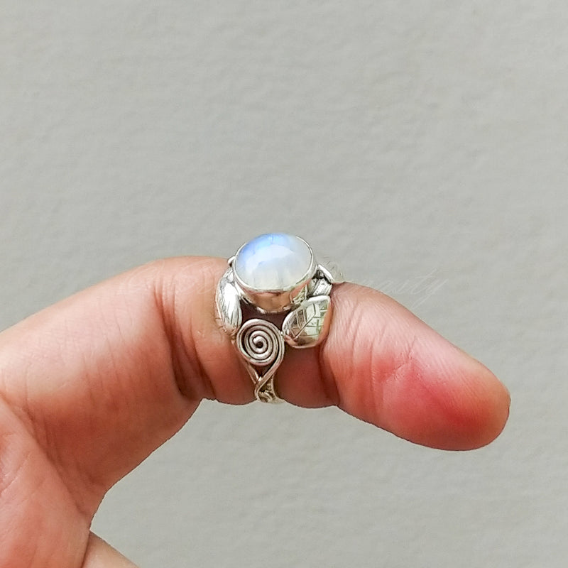 'Leaf' Rainbow Moonstone 925 Solid Sterling Silver Ring