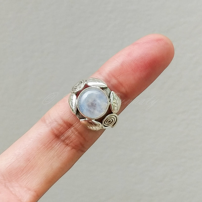 'Leaf' Rainbow Moonstone 925 Solid Sterling Silver Ring