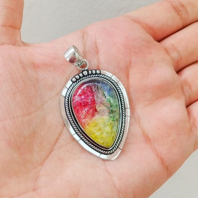 'Firework' Tri Color Druzy 925 Solid Sterling Silver Pendant