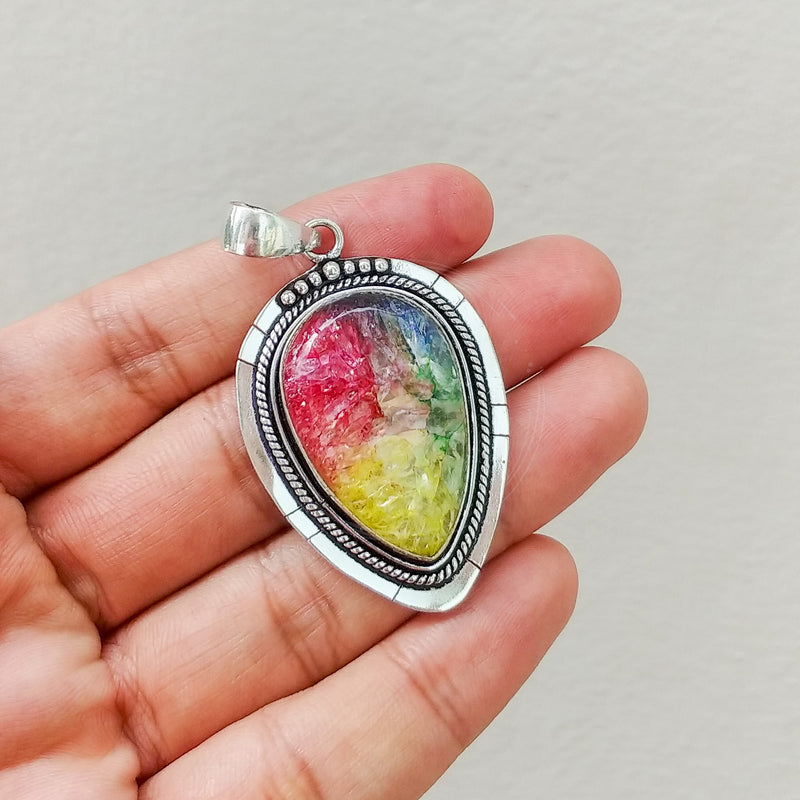 'Firework' Tri Color Druzy 925 Solid Sterling Silver Pendant