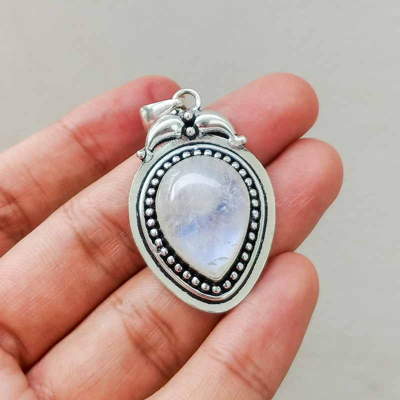 'Boho' Rainbow Moonstone 925 Solid Sterling Silver Pendant