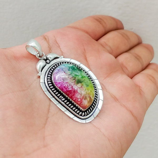 'Boho' Tricolor Druzy 925 Solid Sterling Silver Pendant