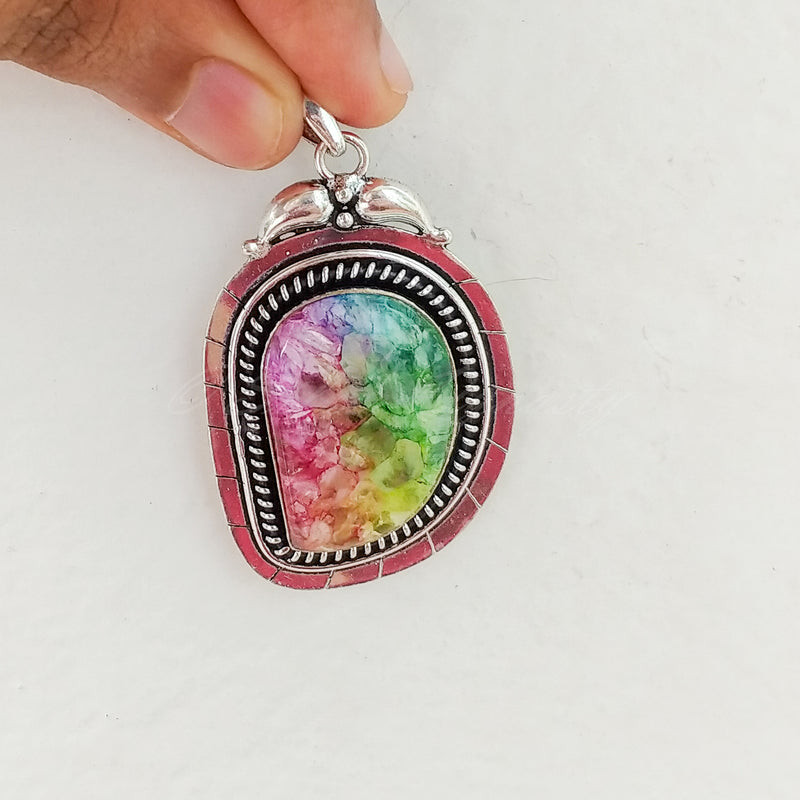 'Boho' Tricolor Druzy 925 Solid Sterling Silver Pendant