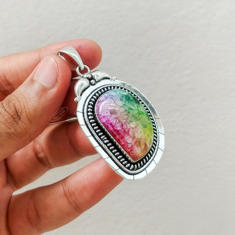 'Boho' Tricolor Druzy 925 Solid Sterling Silver Pendant