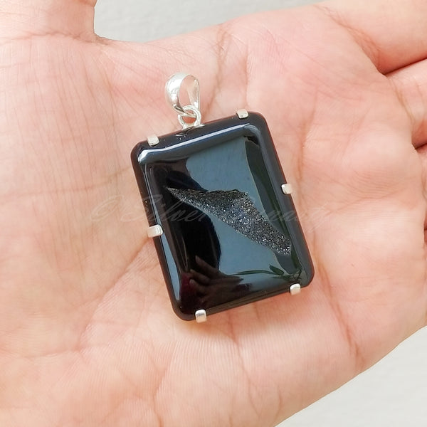 'Modern' Black Druzy 925 Solid Sterling Silver Pendant