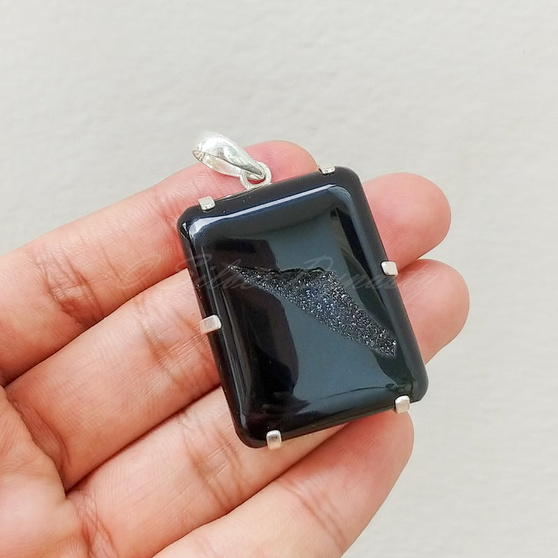 'Modern' Black Druzy 925 Solid Sterling Silver Pendant