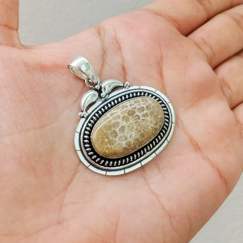 'Boho' Fossil Coral 925 Solid Sterling Silver Pendant