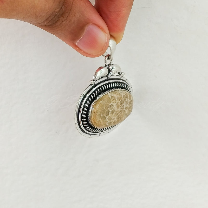 'Boho' Fossil Coral 925 Solid Sterling Silver Pendant