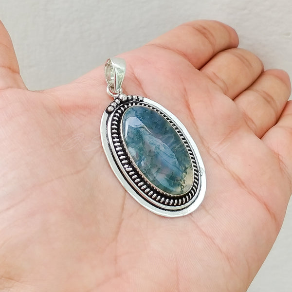 'Bohmin' Moss Agate 925 Solid Sterling Silver Pendant