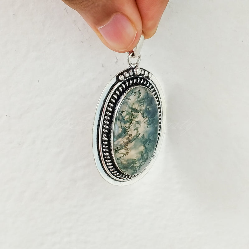 'Bohmin' Moss Agate 925 Solid Sterling Silver Pendant