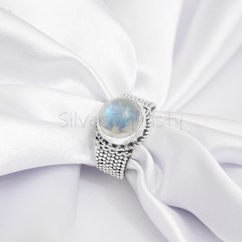 'Designer' Rainbow Moonstone 925 Solid Sterling Silver Ring