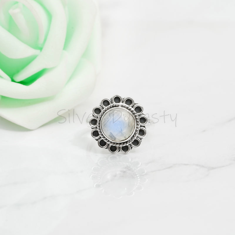 'Flower' Moonstone 925 Solid Sterling Silver Ring