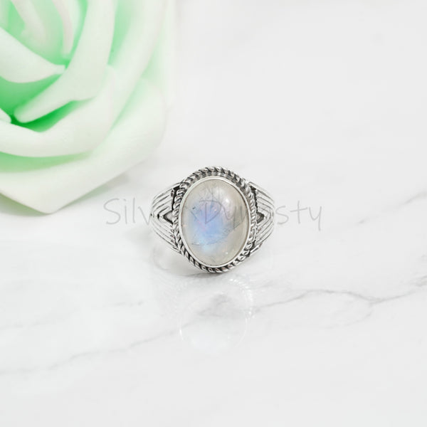 Natural Rainbow Moonstone 925 Solid Sterling Silver Ring