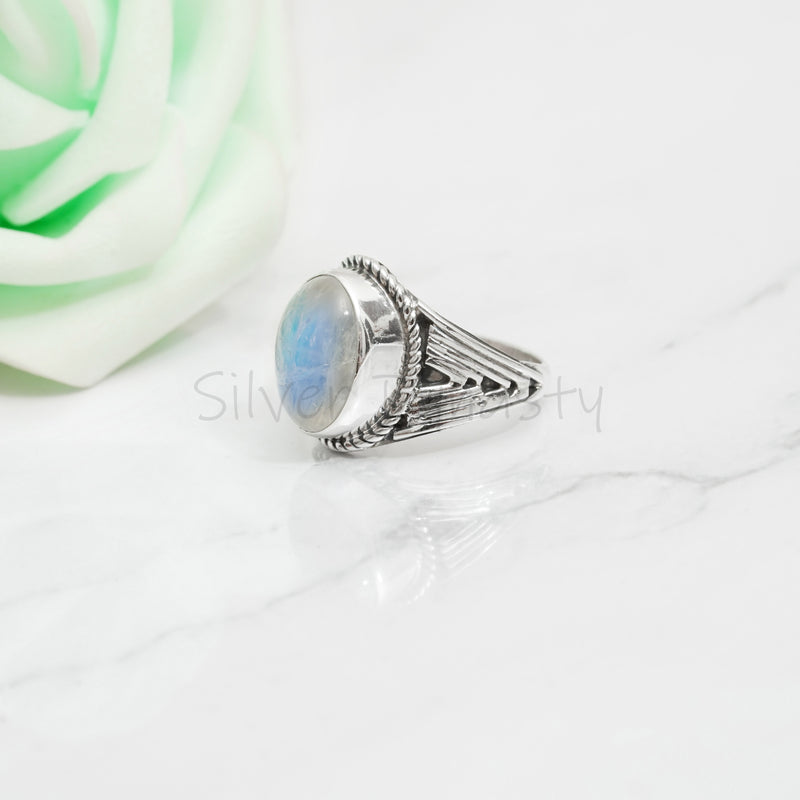 Natural Rainbow Moonstone 925 Solid Sterling Silver Ring