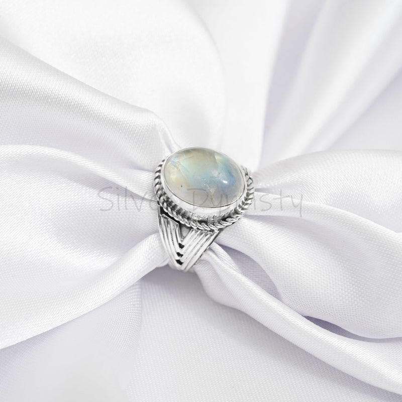 Natural Rainbow Moonstone 925 Solid Sterling Silver Ring