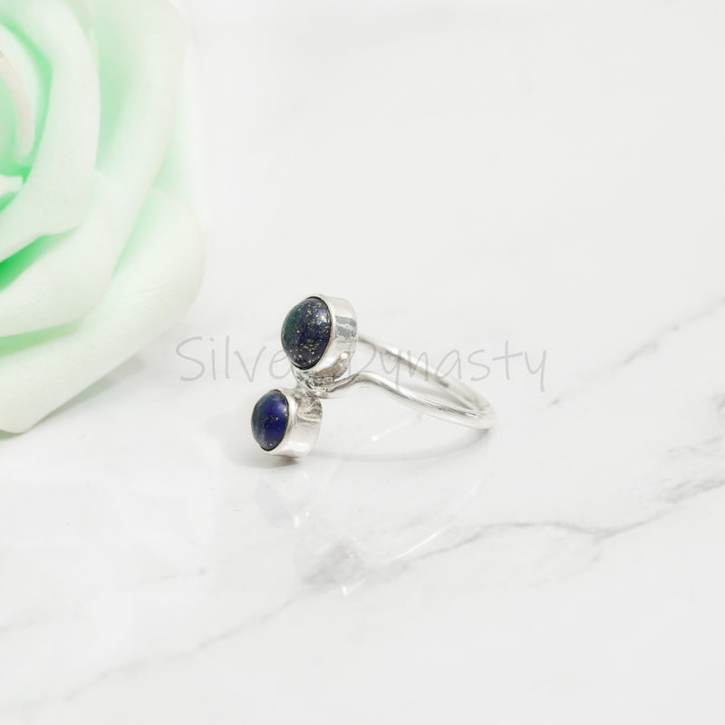 'Double Stone' Lapis Lazuli 925 Solid Sterling Silver Ring