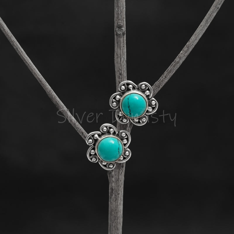 Turquoise 925 Solid Sterling Silver Earrings, Turquoise Studs