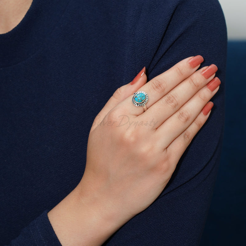 'Fortuna' Blue Copper Turquoise 925 Solid Sterling Silver Ring