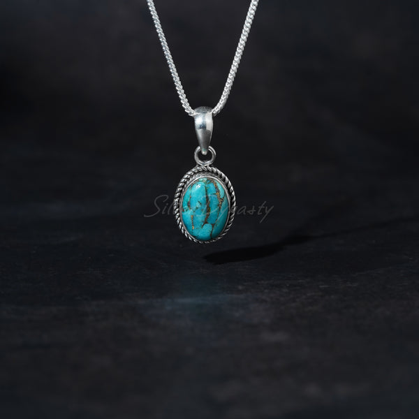 'BIA' Blue Copper Turquoise Pendant, 925 Solid Sterling Silver Pendant