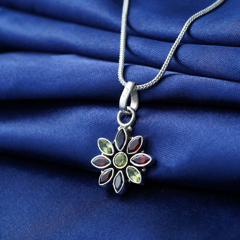 Multi Stone Pendant, Flower Pendant, 925 Solid Sterling Silver Pendant, Garnet Pendant