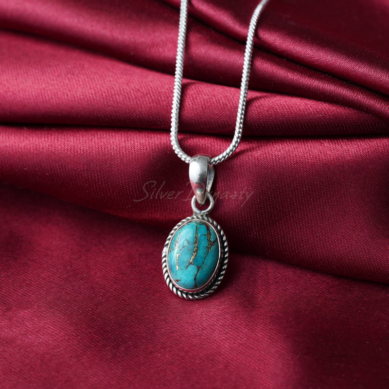 'BIA' Blue Copper Turquoise Pendant, 925 Solid Sterling Silver Pendant