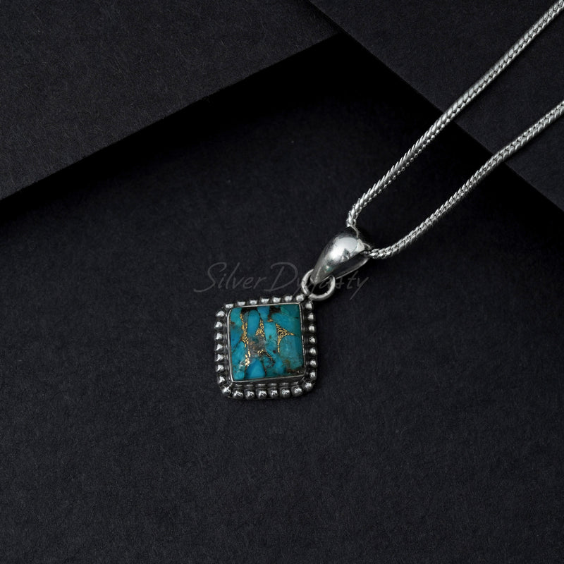 'BIA' Blue Copper Turquoise Pendant, 925 Solid Sterling Silver Pendant