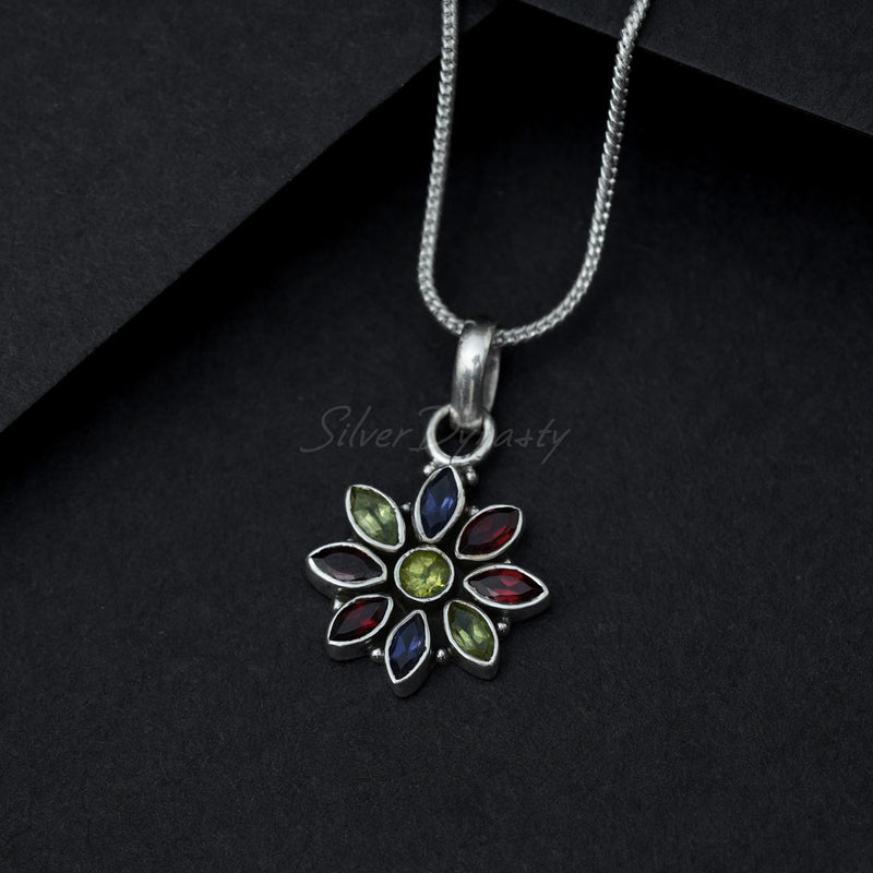 Multi Stone Pendant, Flower Pendant, 925 Solid Sterling Silver Pendant, Garnet Pendant