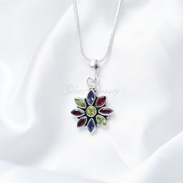 Multi Stone Pendant, Flower Pendant, 925 Solid Sterling Silver Pendant, Garnet Pendant