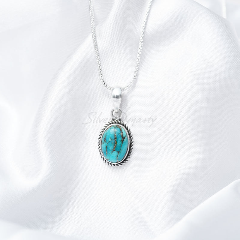 'BIA' Blue Copper Turquoise Pendant, 925 Solid Sterling Silver Pendant