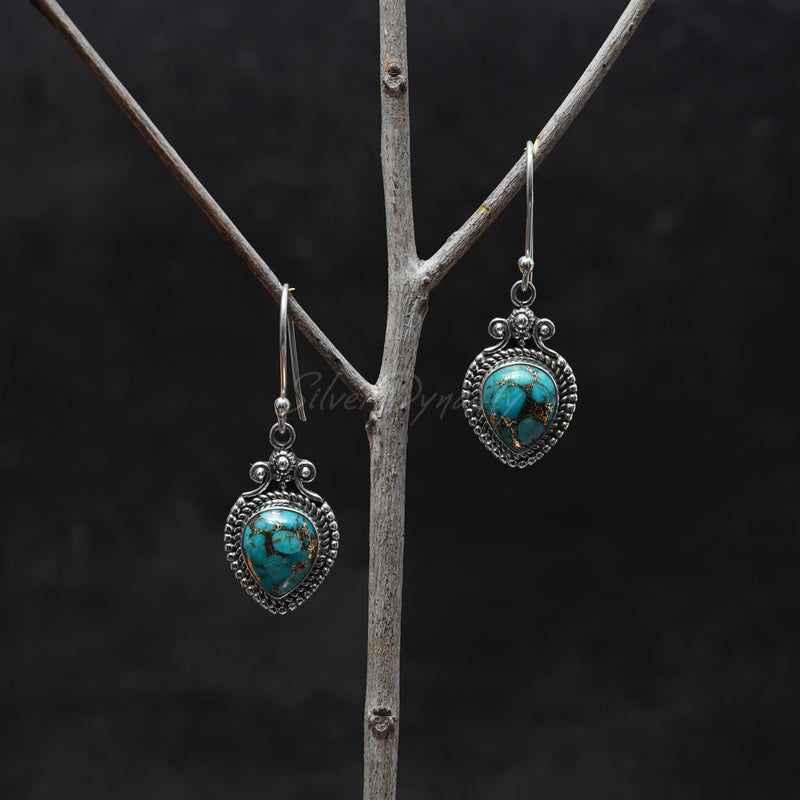 'BOHO' Blue Copper Turquoise Silver Earring, 925 Solid Sterling Silver Earring