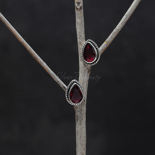 Garnet Studs, 925 Solid Sterling Silver Earrings, Silver Studs