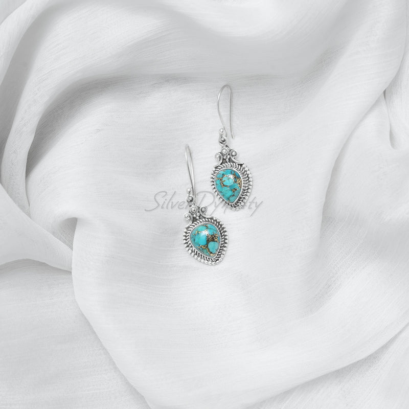 'BOHO' Blue Copper Turquoise Silver Earring, 925 Solid Sterling Silver Earring