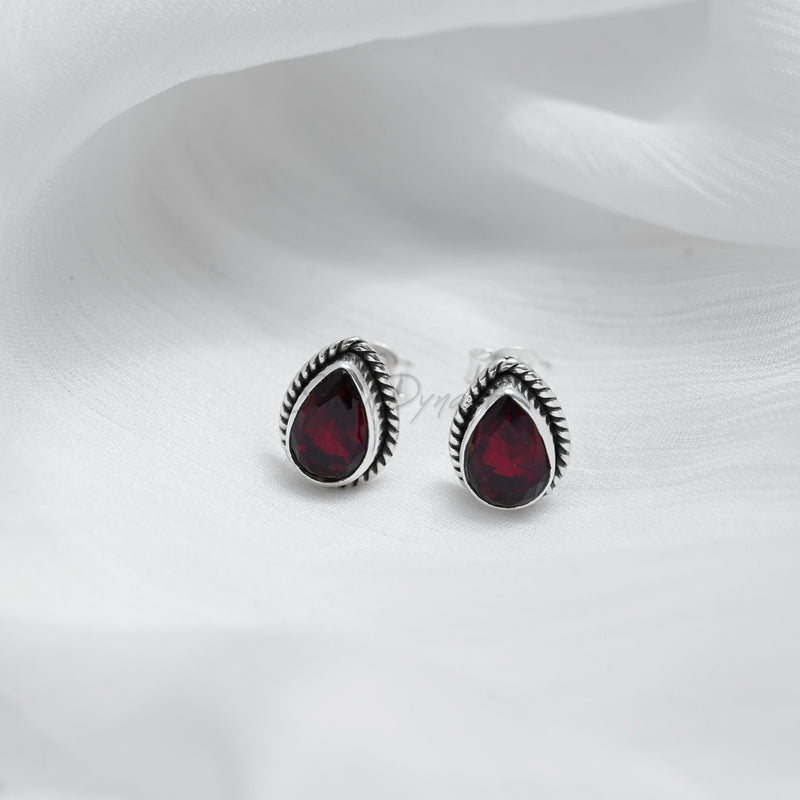 Garnet Studs, 925 Solid Sterling Silver Earrings, Silver Studs