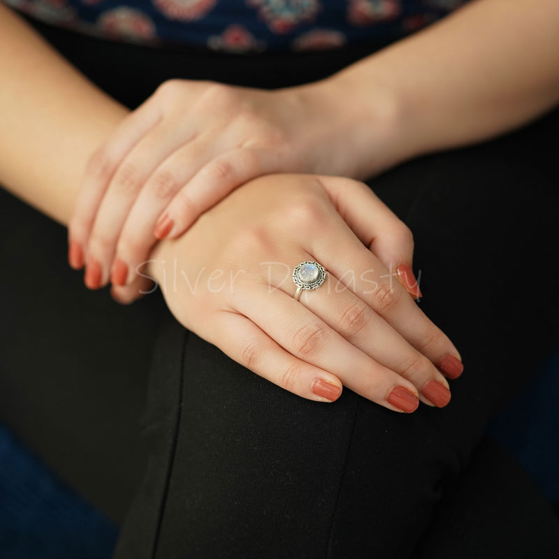 Rainbow Moonstone Sterling Silver Ring