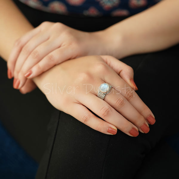 'Designer' Rainbow Moonstone 925 Solid Sterling Silver Ring