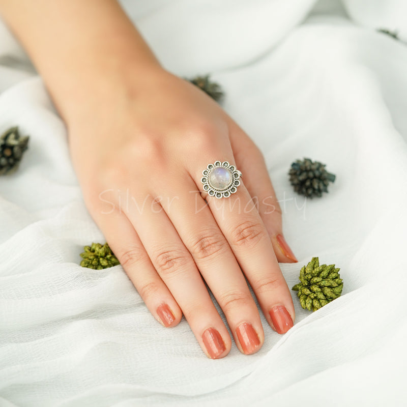 'Flower' Moonstone 925 Solid Sterling Silver Ring