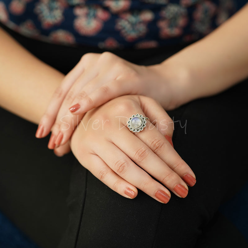 'Flower' Moonstone 925 Solid Sterling Silver Ring