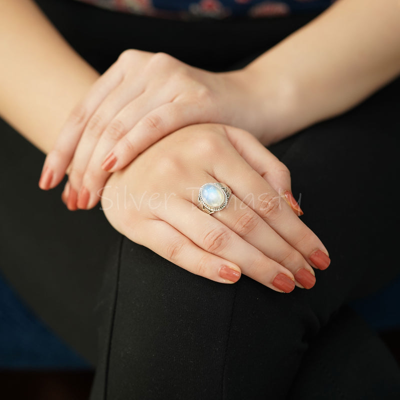 Natural Rainbow Moonstone 925 Solid Sterling Silver Ring