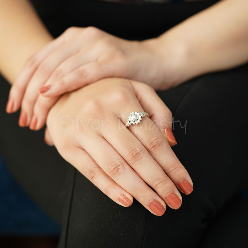 'Gorgeous' Silver Flower Band,925 Solid Sterling Silver Ring,