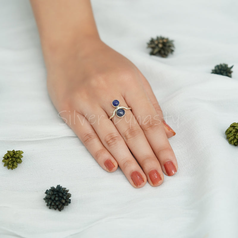 'Double Stone' Lapis Lazuli 925 Solid Sterling Silver Ring