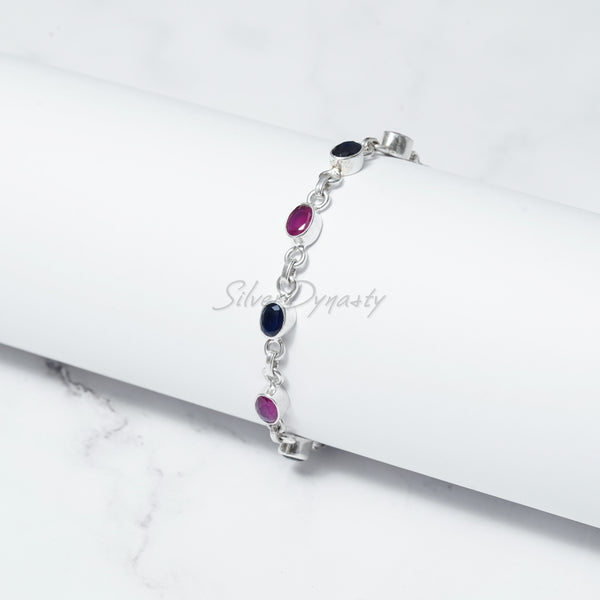 Ruby & Sapphire Bracelet, 925 Sterling Silver Bracelet, Silver Bracelet