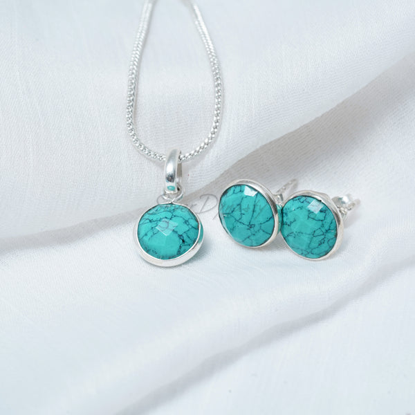 Turquoise Minimalist Pendant and Earring Set, Pearl Set, 925 Sterling Silver Set