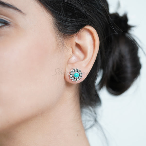 Turquoise 925 Solid Sterling Silver Earrings, Turquoise Studs