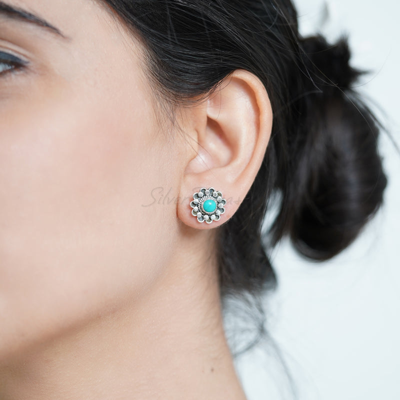 Turquoise 925 Solid Sterling Silver Earrings, Turquoise Studs