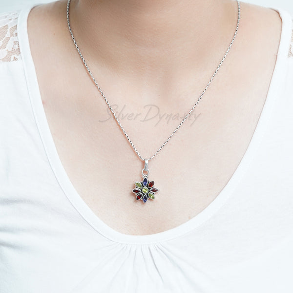 Multi Stone Pendant, Flower Pendant, 925 Solid Sterling Silver Pendant, Garnet Pendant