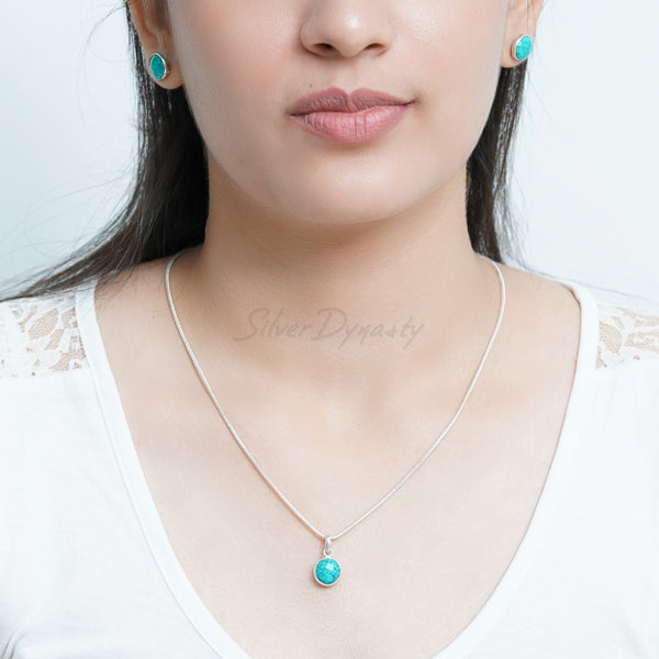 Turquoise Minimalist Pendant and Earring Set, Pearl Set, 925 Sterling Silver Set