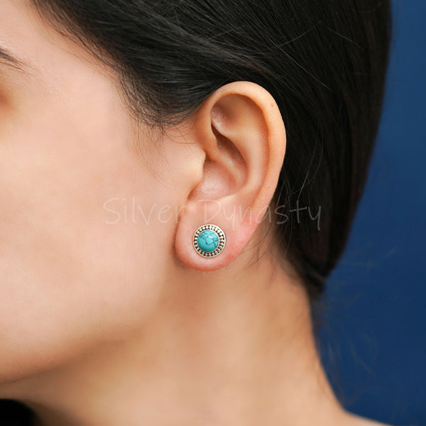 Turquoise 925 Solid Sterling Silver Earrings, Turquoise Studs