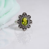 'Flower' Peridot 925 Solid Sterling Silver Ring, Peridot Ring